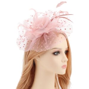 DRESHOW Fascinators Hat Flower Mesh Ribbons Feathers on a Headband and a Clip Tea Party Headwear for Girls and Women