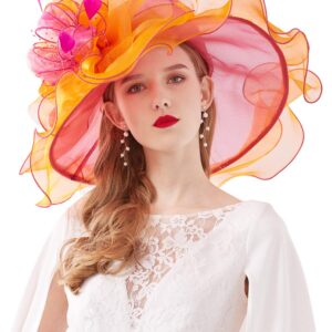 ELLYDOOR Women Organza Derby Hat Wide Brim Wedding Tea Party Hat Beads Floral Fascinator Church Hat 20-Orange