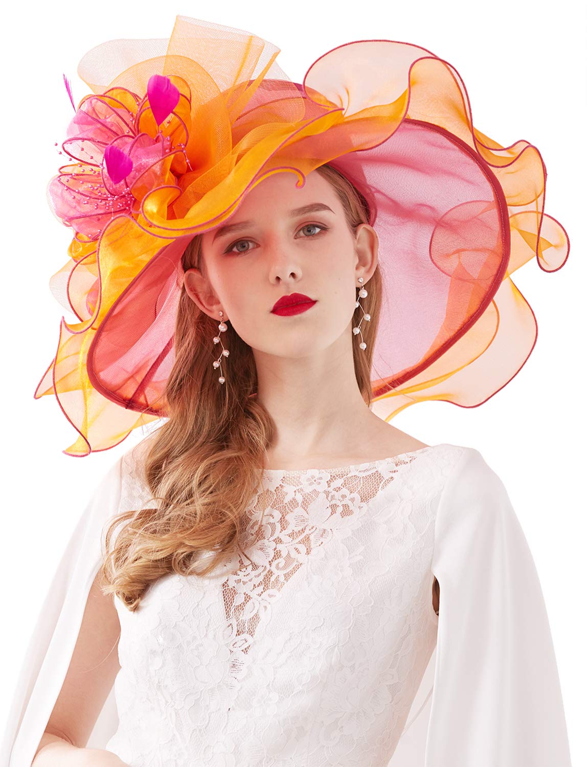 ELLYDOOR Women Organza Derby Hat Wide Brim Wedding Tea Party Hat Beads Floral Fascinator Church Hat 20-Orange