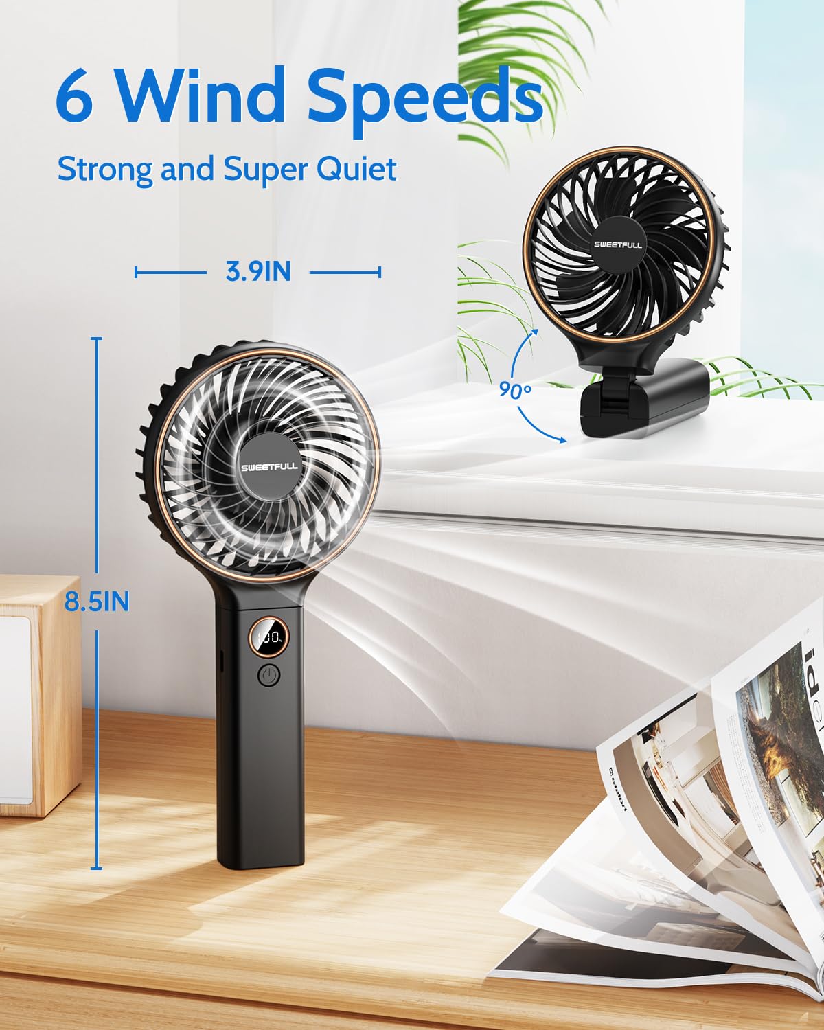 SWEETFULL Handheld Fan, Portable Fan, 5000mAh Rechargeable Battery, 6 Speed Wind, LED Display, Personal Mini Travel Fan with Backup Power, Hand Held Fan USB Foldable Electric Fan for Women Girl