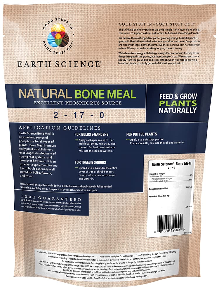 Earth Science – Natural Bone Meal Plant Food – Plant Mix for Bulbs, Gardens, Potted Plants, Trees, and Shrubs 3lb