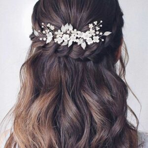 GORAIS Flower Bride Wedding Hair Vine Silver Pearl Bridal Headpiece Floral Leaf Hair Piece Hair Accessories for Women and Girls