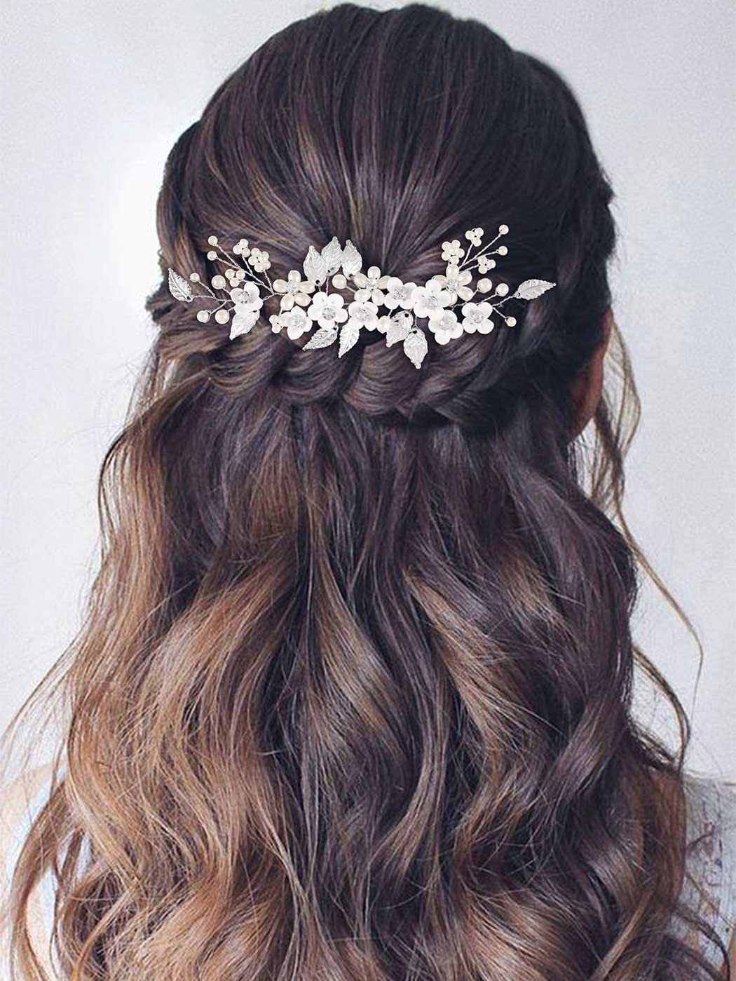 GORAIS Flower Bride Wedding Hair Vine Silver Pearl Bridal Headpiece Floral Leaf Hair Piece Hair Accessories for Women and Girls