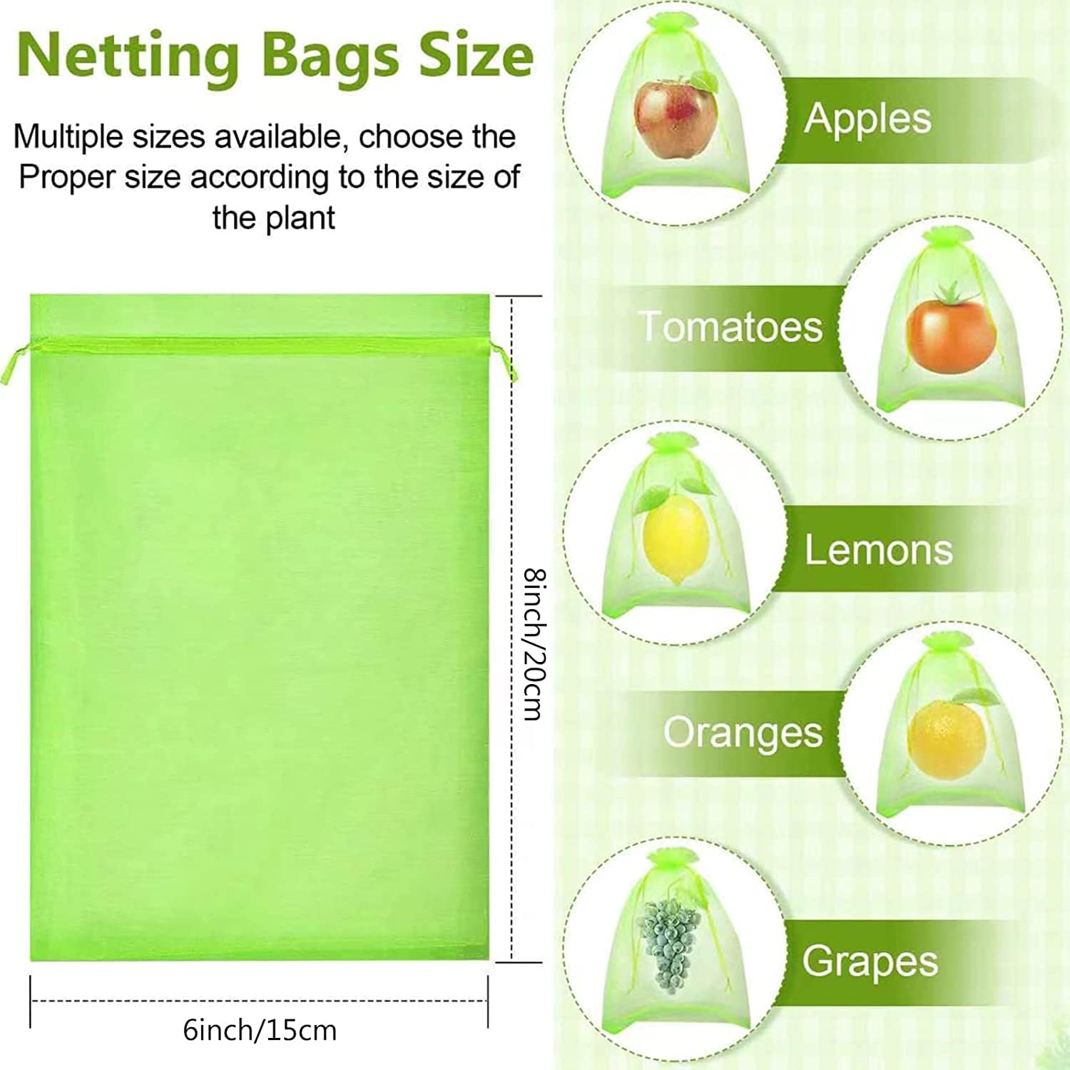 100 Pcs Fruit Protection Bags for Fruit Trees 6 x 8 Inch, Green Mesh Fruit Netting Bag, Fruit Cover Net Bags with Drawstring for Grape Apple Mango Peach Protect from Insect Birds Squirrels