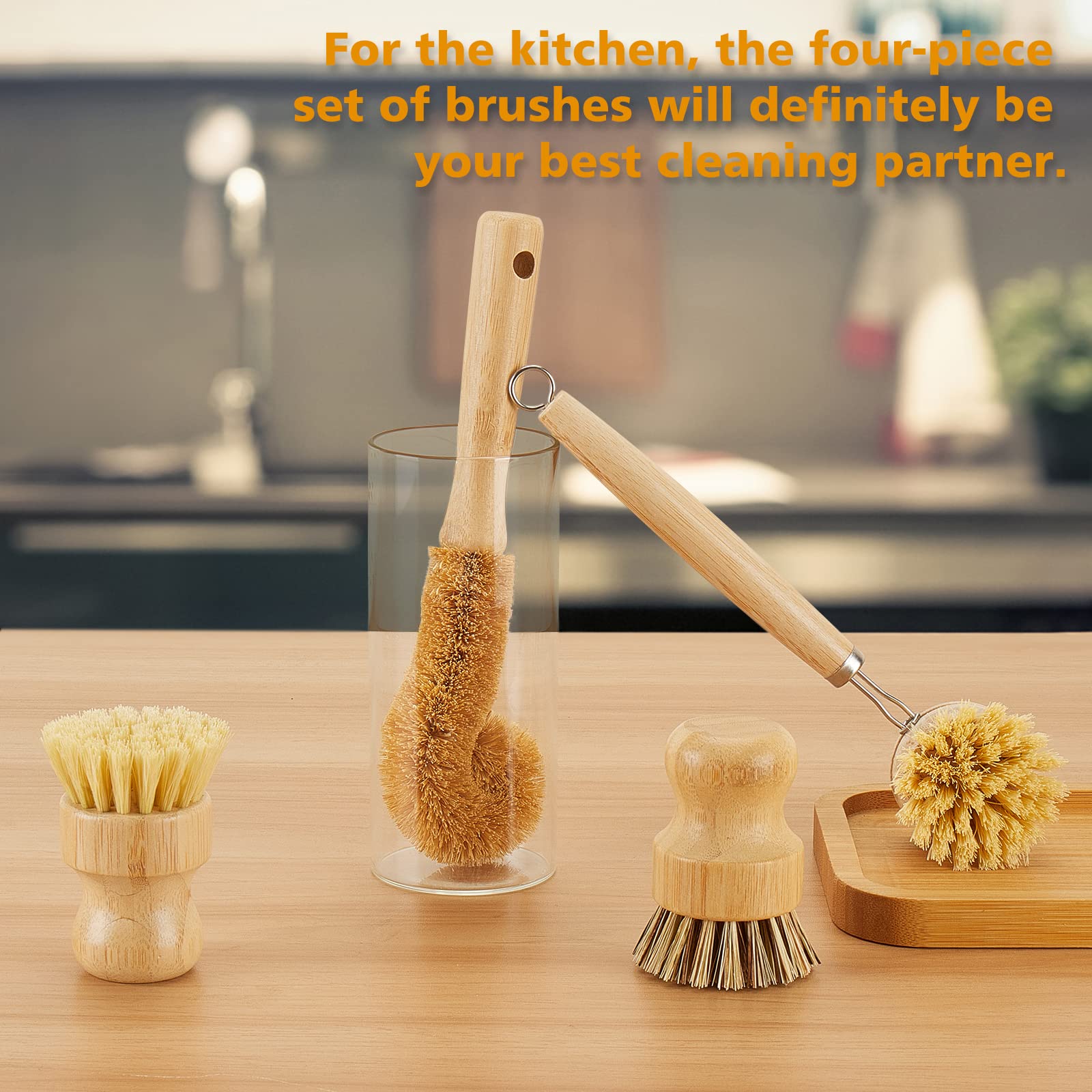 SAMEBUTECO Bamboo Dish Brushes Sets 4 Tools in One Kitchen Clean Dish Scrubber for Pots Pans Bottles with Natural Bristles (Bamboo Brushes Sets)