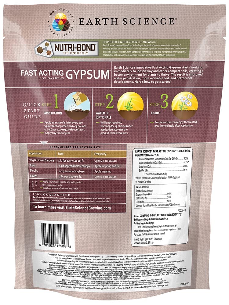 Earth Science Fast Acting Gypsum - Soil Conditioner Adds Calcium, Repairs Salt Damage & Root Growth with Nutri-Bond Runoff Reduction Technology (5 lb)