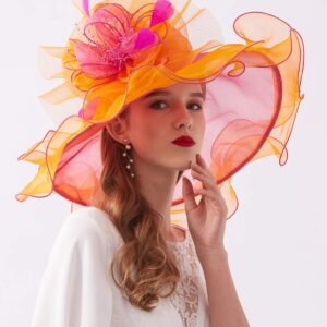 ELLYDOOR Women Organza Derby Hat Wide Brim Wedding Tea Party Hat Beads Floral Fascinator Church Hat 20-Orange