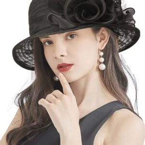 TLMNU Organza Fascinator Hat - Women¡¯s Wide Brim Church Bridal Tea Party Wedding Hat 12LaceBlack