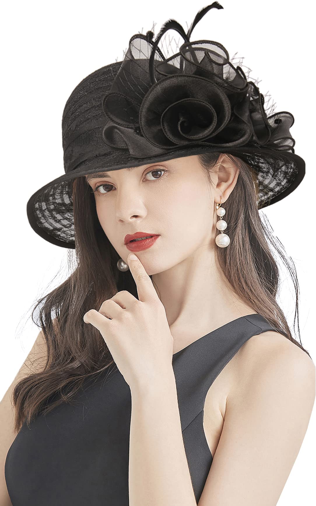 TLMNU Organza Fascinator Hat - Women¡¯s Wide Brim Church Bridal Tea Party Wedding Hat 12LaceBlack