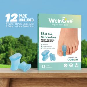 Welnove Upgraded Gel Toe Separators – 12-Pack Bunion Pads – Toe Spacers for Straightening Overlapping Toes, Bunions, Calluses – Soft Silicone Bunion Corrector for Men and Women