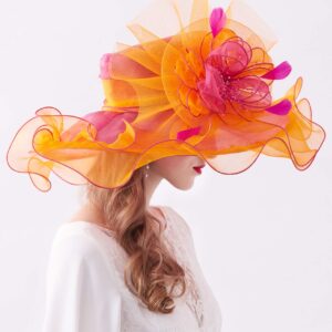 ELLYDOOR Women Organza Derby Hat Wide Brim Wedding Tea Party Hat Beads Floral Fascinator Church Hat 20-Orange