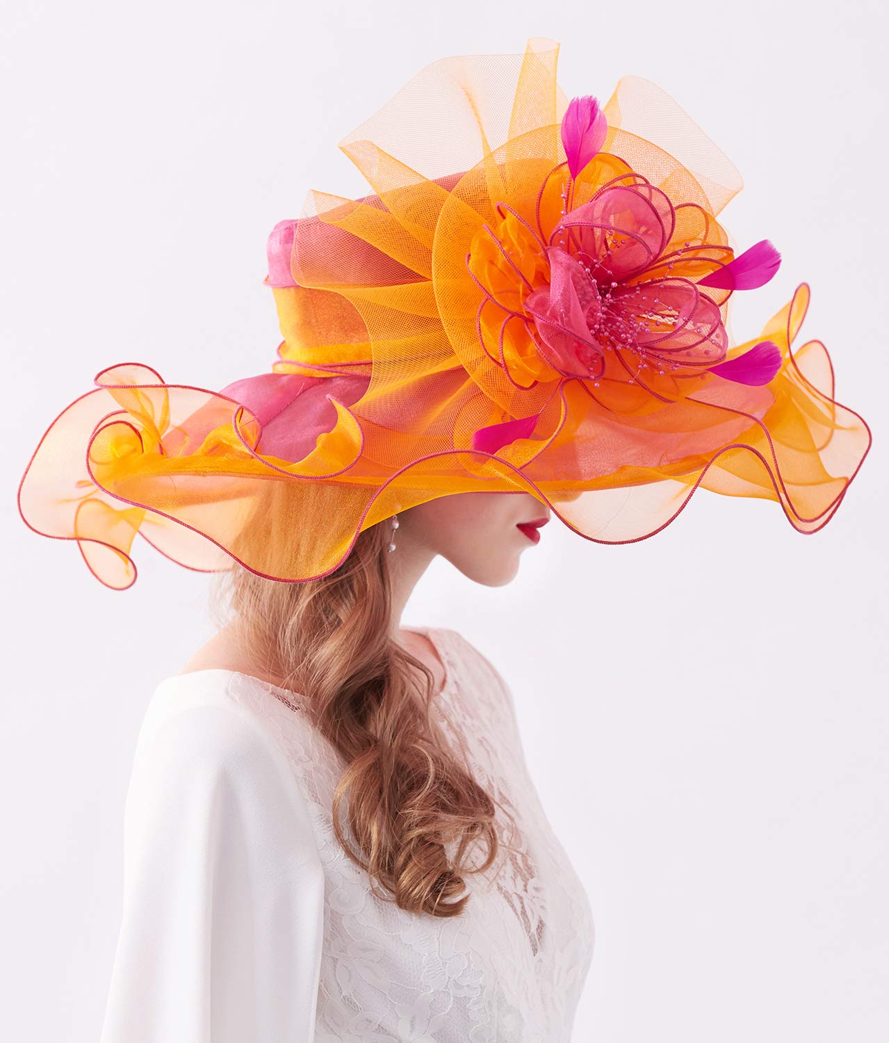 ELLYDOOR Women Organza Derby Hat Wide Brim Wedding Tea Party Hat Beads Floral Fascinator Church Hat 20-Orange