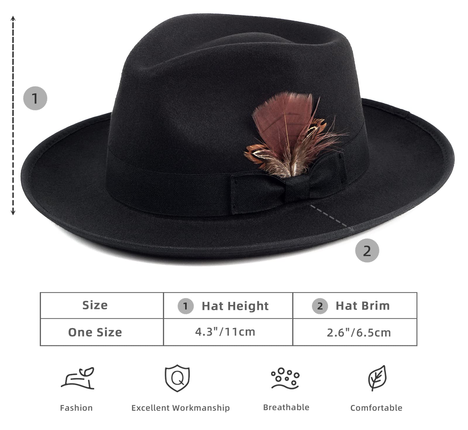 FADACHY Fedora Hats for Men & Women Wide Brim Felt Hat Dress Panama Trilby Hats Black Fedora