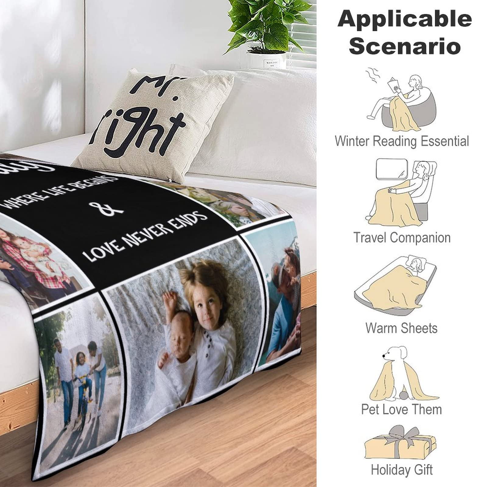 Custom Blanket with Photo Personalized Couples Gifts for Boyfriend Girlfriend Wife Husband Customized Picture Throws Blankets for Couple Lover Adults Family Pet Birthday, 10 Photos