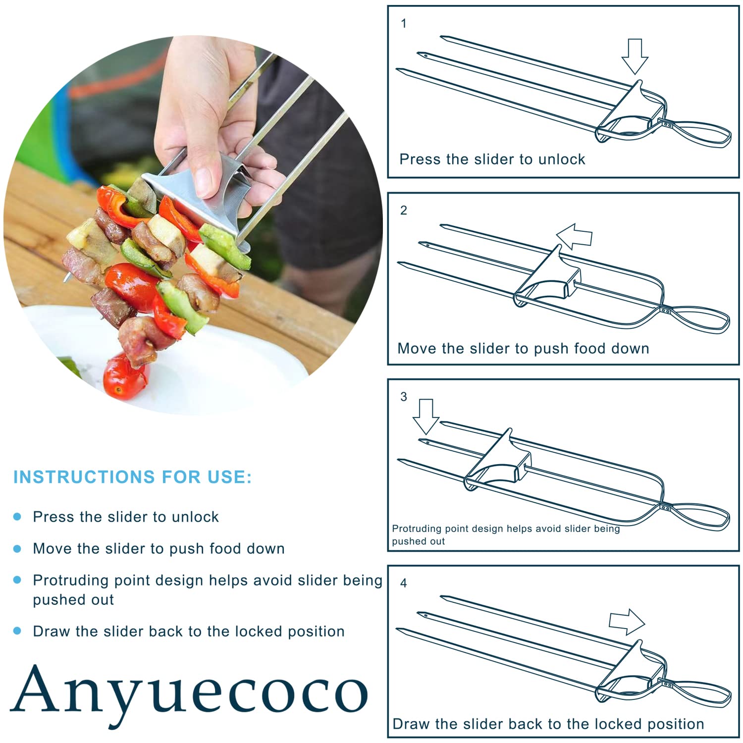 Anyuecoco Skewers for kabobs,2 PCS 14-Inch 3 Way Kabob Skewers for Grilling,Stainless Steel Skewer,With Push Bar Reusable Metal Skewer,Kabob Sticks,Perfect For Meat,Chicken,Sausages,Veggies,shrimp