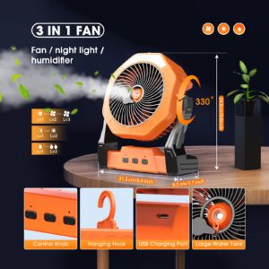 Ausic Camping Fan, Misting Fan Portable with Light & 250ml Water Tank, 10000mAh 8 Inch Battery Operated Rechargeable Fan, Cooling Fan with Hook, Outdoor Fans for Patios, Tents, Travel, Beach