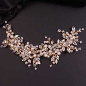 Teyglen Rhinestones Pearl Crystal Large Headband Hair Vine Bridal Flower Headband Wedding Hair Accessories Hair Piece Gold Headpieces for Women(Gold)