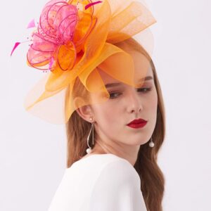 ELLYDOOR Women Organza Derby Hat Wide Brim Wedding Tea Party Hat Beads Floral Fascinator Church Hat 20-Orange