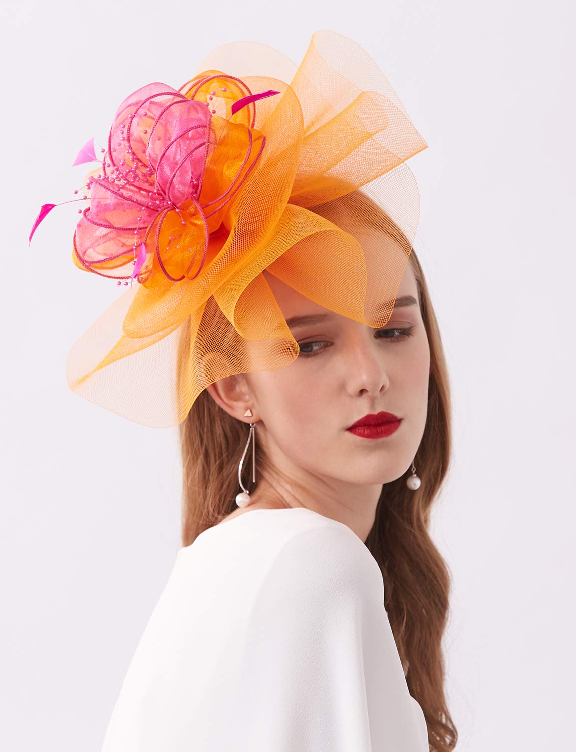 ELLYDOOR Women Organza Derby Hat Wide Brim Wedding Tea Party Hat Beads Floral Fascinator Church Hat 20-Orange