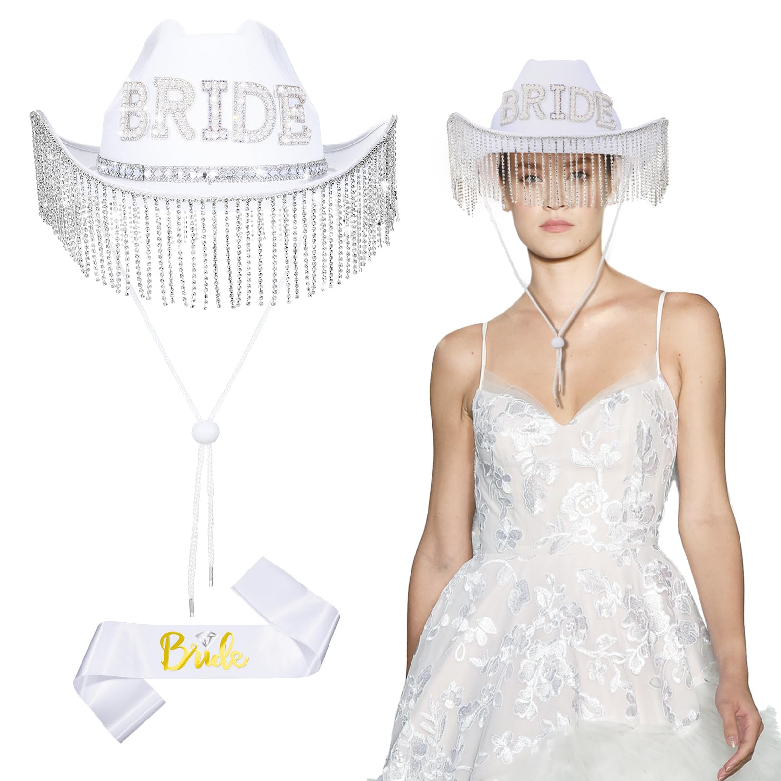 Patelai Bride Cowgirl Hat Rhinestone White Bride Cowboy Hat with Sash, Bachelorette Party Decoration, Wedding Bridal Gift(Strip Rhinestone Fringe)