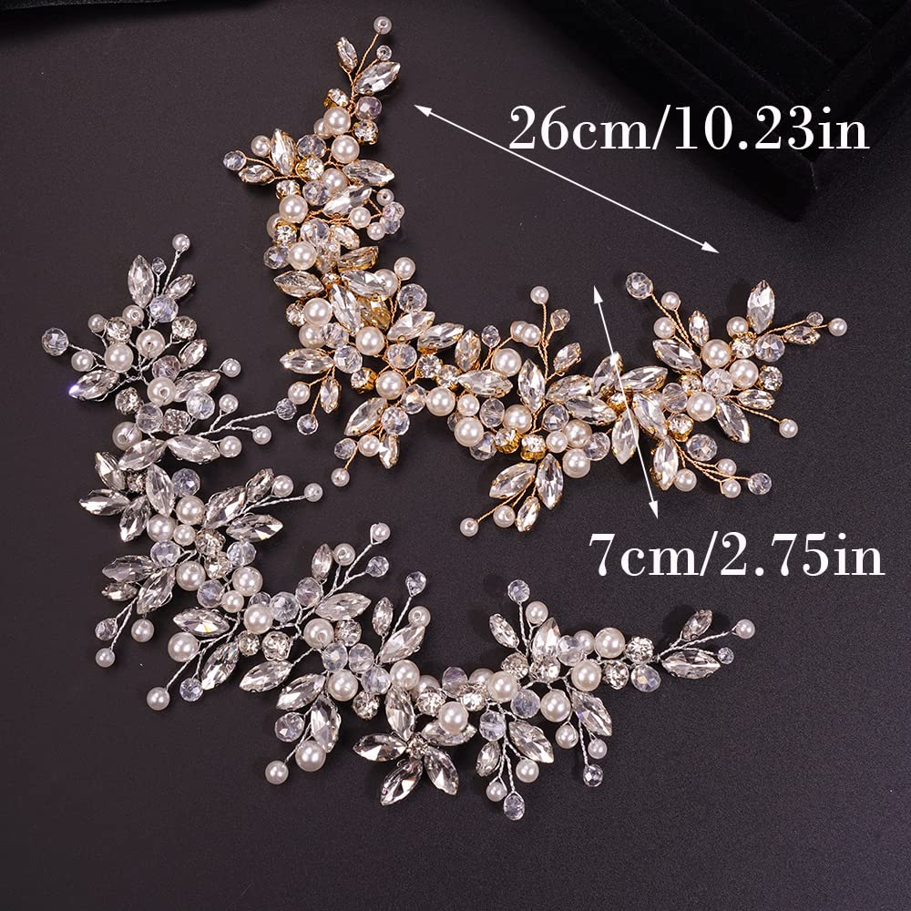 Teyglen Rhinestones Pearl Crystal Large Headband Hair Vine Bridal Flower Headband Wedding Hair Accessories Hair Piece Gold Headpieces for Women(Gold)