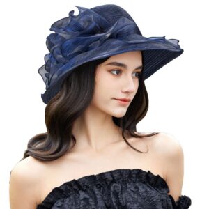 Organza Kentucky Fascinator Hat for Women - Derby Cocktail Tea Party Sun Hat Wedding Bridal Flower Church Hat Packable Dark Navy