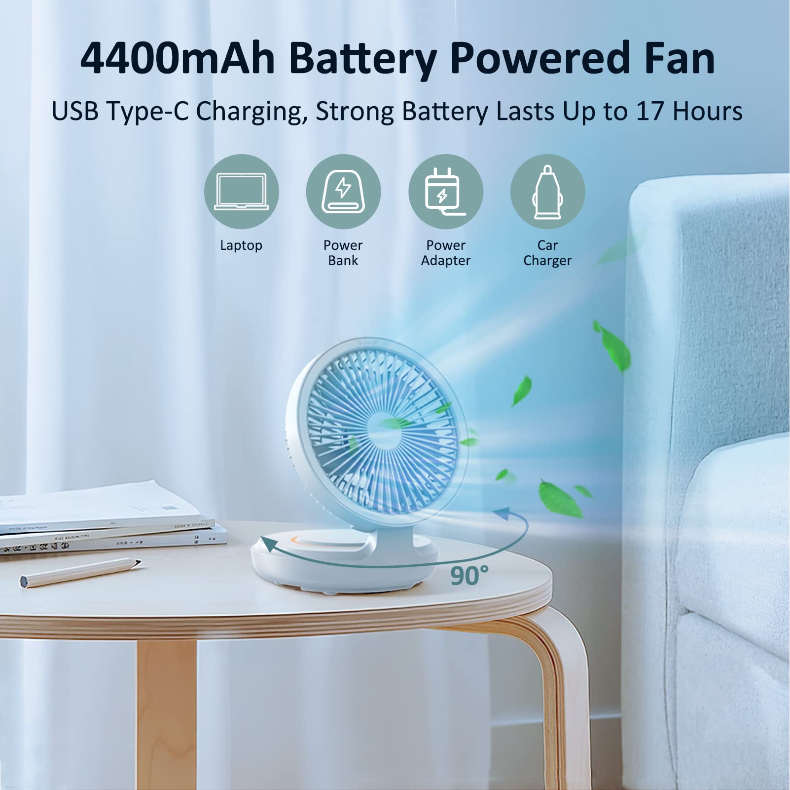 shinic Ultra Quiet Table Fan, Rechargeable Battery Operated Desk Fan with Auto Oscillation, 4 Speeds Portable Air Circulation Fan with Hook, Small Wall Fan for Bedroom Home Desktop Office, White