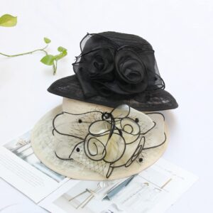 TLMNU Organza Fascinator Hat - Women¡¯s Wide Brim Church Bridal Tea Party Wedding Hat 12LaceBlack