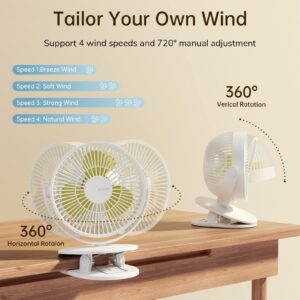 JISULIFE 3 IN 1 Clip On Fan [Clip/Desk/Hang] 4000mAh Battery Operated Baby Fan with Adhesive Hooks Gifted, 6-inch USB Rechargeable Mini Fan for Stroller/Car/Office/Dorm/Bedroom-White(1 Pack)