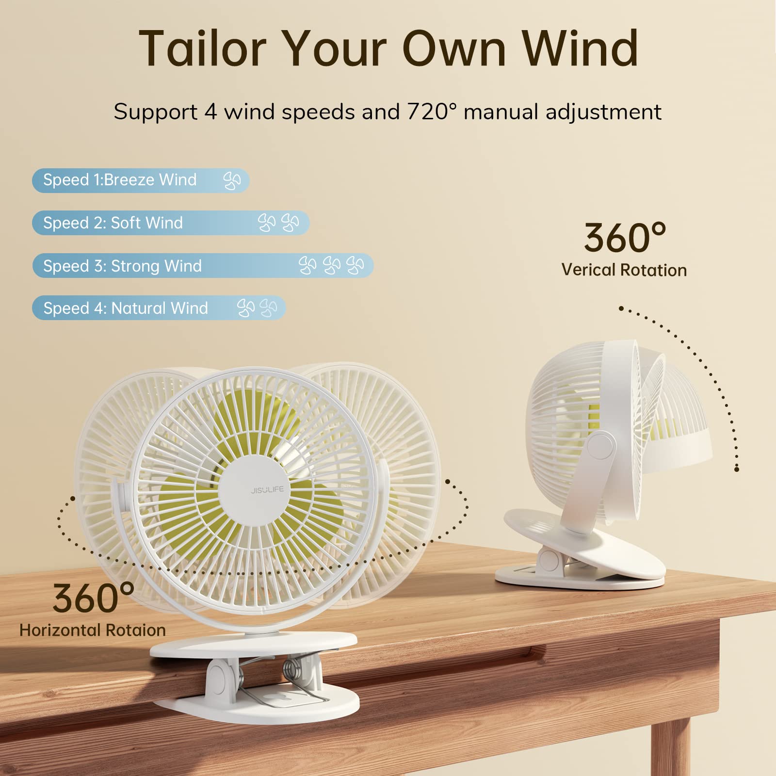 JISULIFE 3 IN 1 Clip On Fan [Clip/Desk/Hang] 4000mAh Battery Operated Baby Fan with Adhesive Hooks Gifted, 6-inch USB Rechargeable Mini Fan for Stroller/Car/Office/Dorm/Bedroom-White(1 Pack)