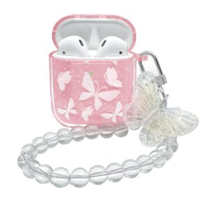 Srddty Compatible with AirPods Case Cute Clear Glitter, Shockproof Soft TPU Protective Airpod Case Cover for Girls Women with Keychain for AirPods 1st & 2nd Generation, Pink Butterfly