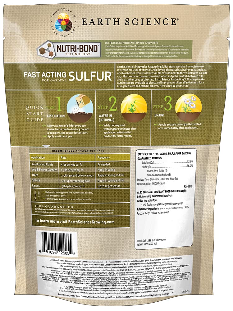 Earth Science Fast Acting Sulfur - Instantly Lower pH of Soil & Reduce Nutrient Runoff for Improved Growth & Color - Long Lasting Lawn Care for Acid Loving Plants (5lb)