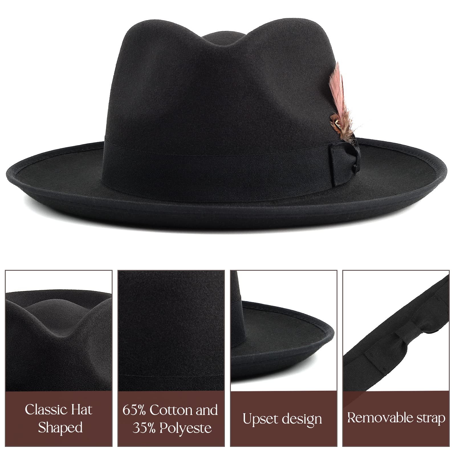 FADACHY Fedora Hats for Men & Women Wide Brim Felt Hat Dress Panama Trilby Hats Black Fedora