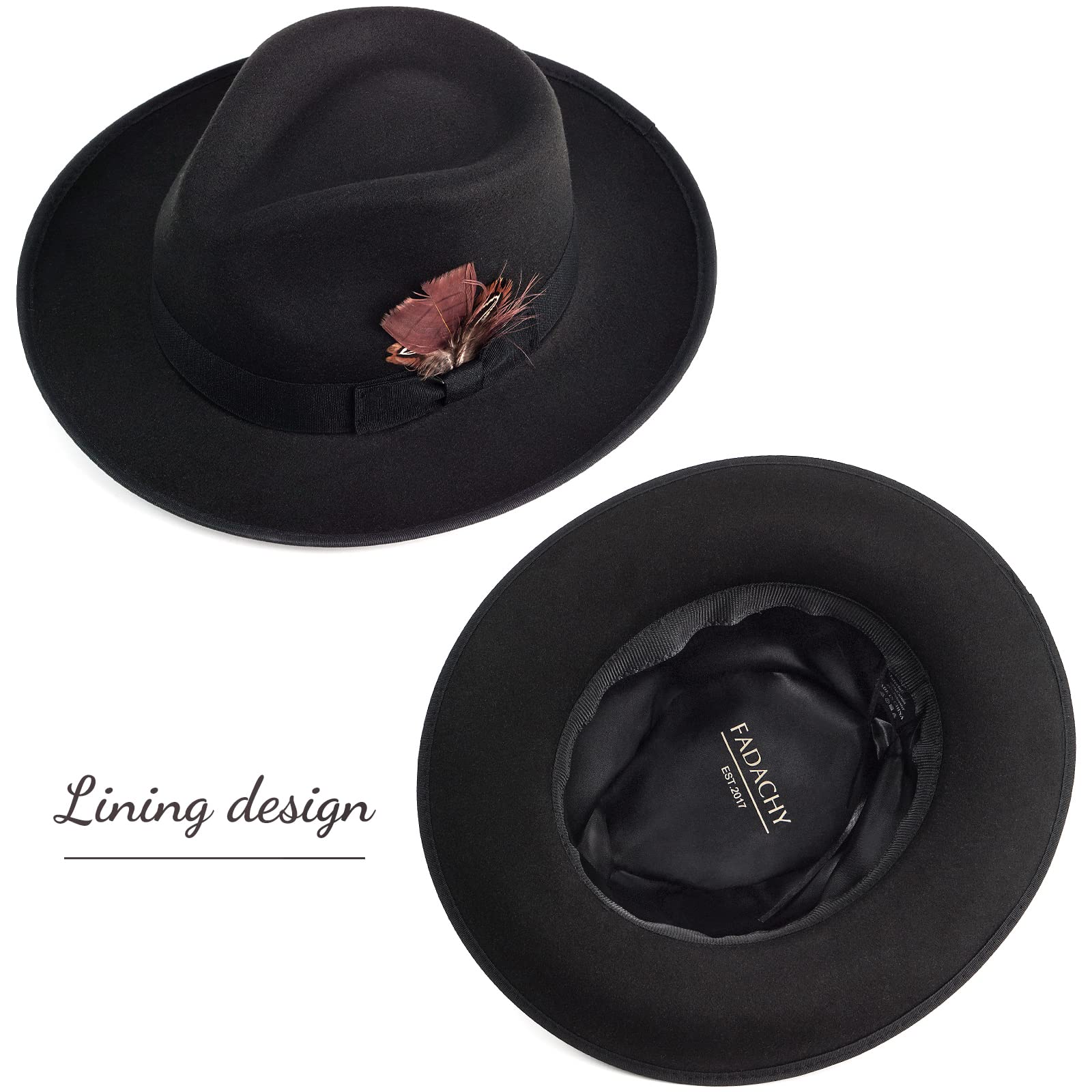 FADACHY Fedora Hats for Men & Women Wide Brim Felt Hat Dress Panama Trilby Hats Black Fedora