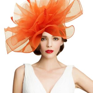 TLMNU Sinamay Fascinator Hat Floral Feather Pillbox Derby Hats for Women Wedding Tea Party with Headband Clip 01Orange