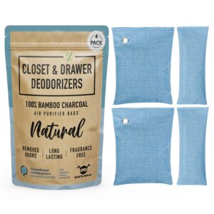 closet and drawer deodorizer bags (4 pack) - naturally absorbs and eliminates closet odors- 2 xl closet deodorizers and 2 drawer deodorizers - unscented and organic charcoal closet odor eliminator