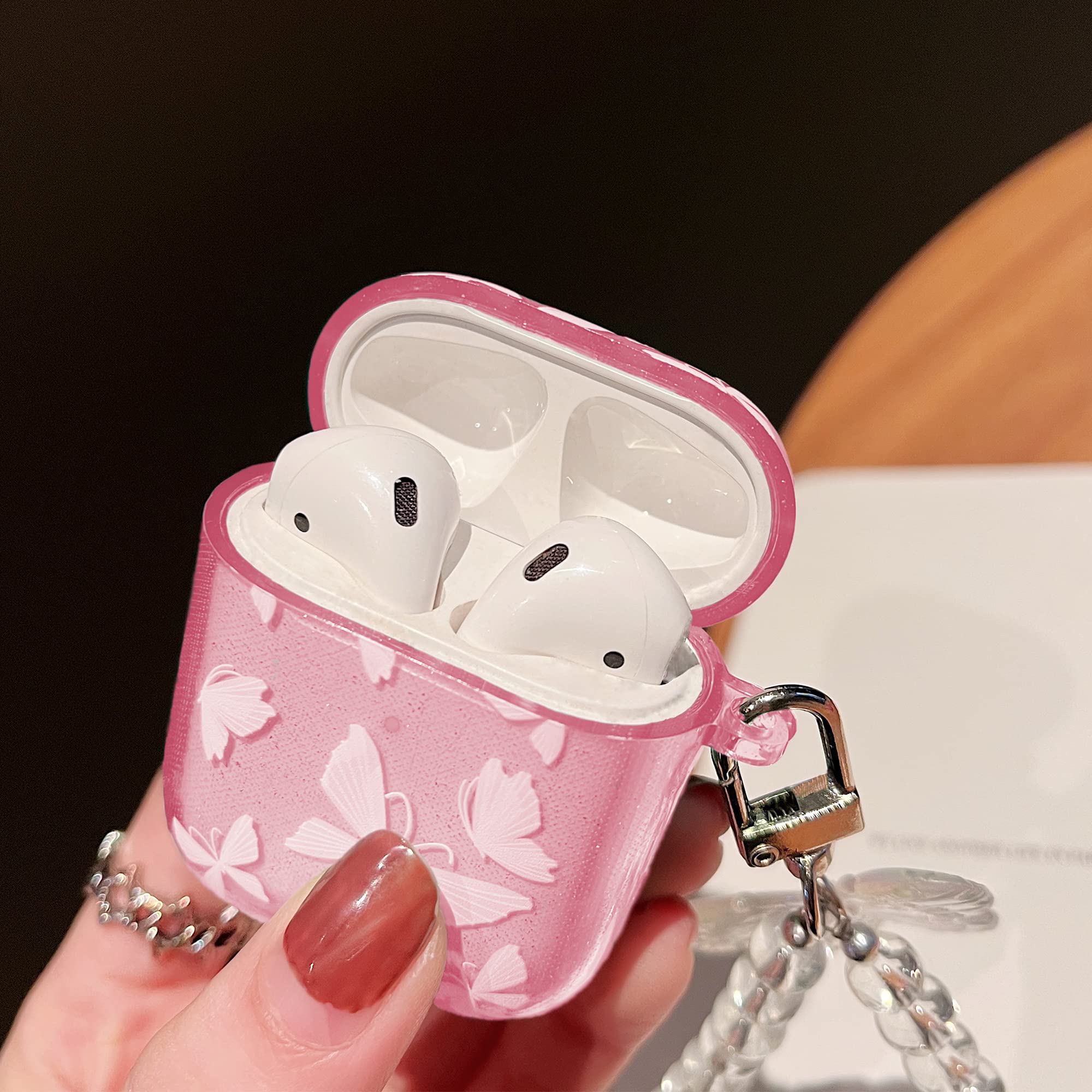 Srddty Compatible with AirPods Case Cute Clear Glitter, Shockproof Soft TPU Protective Airpod Case Cover for Girls Women with Keychain for AirPods 1st & 2nd Generation, Pink Butterfly