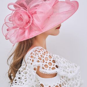 TLMNU Organza Fascinator Hat - Women¡¯s Wide Brim Church Bridal Tea Party Wedding Hat 03Rose