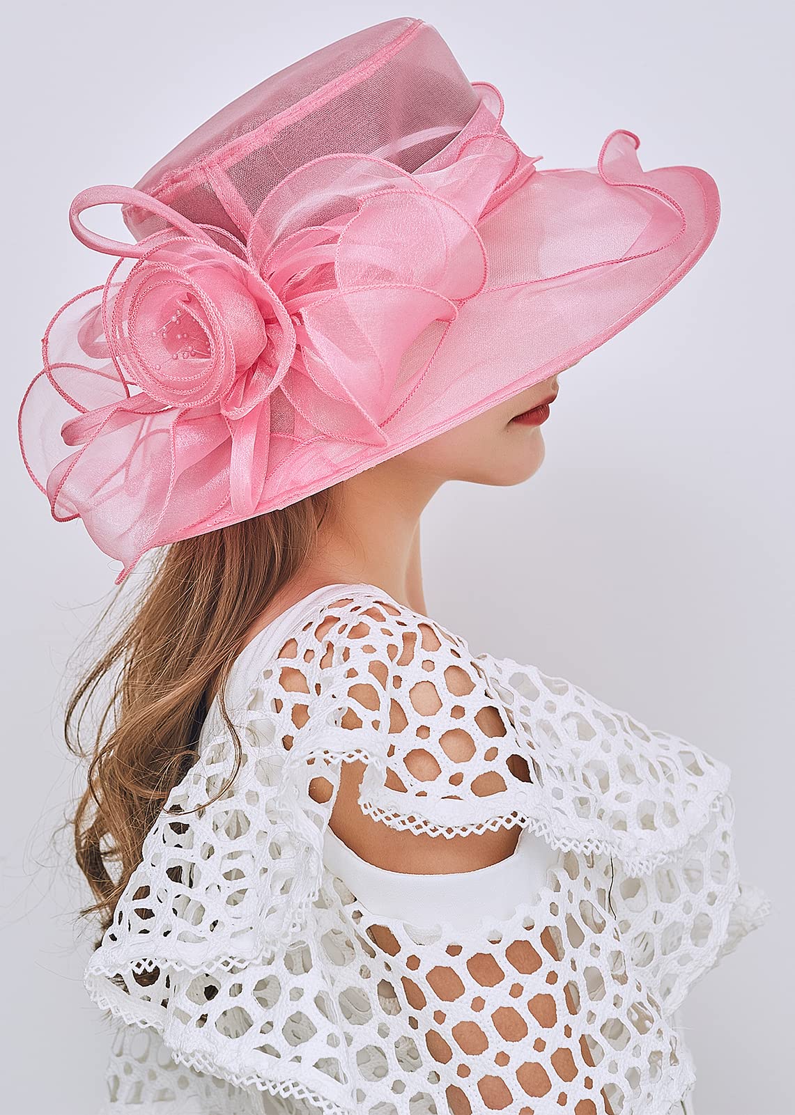 TLMNU Organza Fascinator Hat - Women¡¯s Wide Brim Church Bridal Tea Party Wedding Hat 03Rose