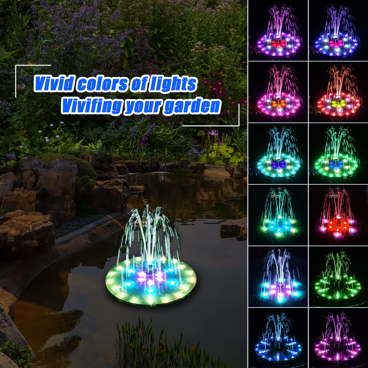 GAIZERL Solar Bird Bath Fountains 2024 Upgraded, 4W Solar Powered Water Fountain Pump with 4000 Battery, 7 Nozzles & 4 Fixers, Colorful LED Lights for Garden, Swimming Pool, Pond, and Outdoor Decor