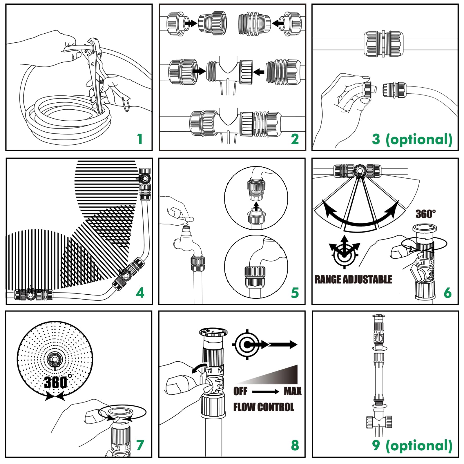 RESTMO Flexible Sprinkler System, Above Ground DIY Irrigation Kit, Multi-Adjustable Lawn Sprinkler Set, Ideal for Plant and Flower Bed Watering, 50ft Garden Hose Included