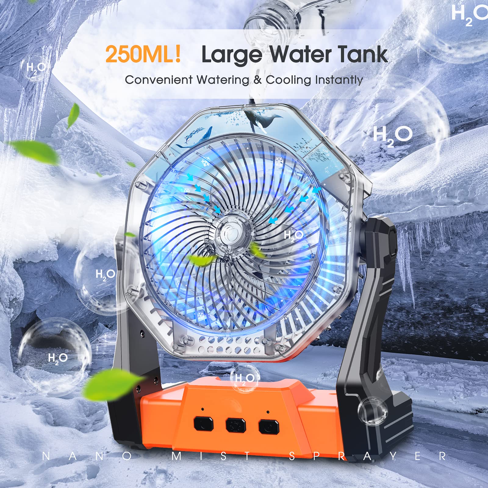 Ausic Camping Fan, Misting Fan Portable with Light & 250ml Water Tank, 10000mAh 8 Inch Battery Operated Rechargeable Fan, Cooling Fan with Hook, Outdoor Fans for Patios, Tents, Travel, Beach