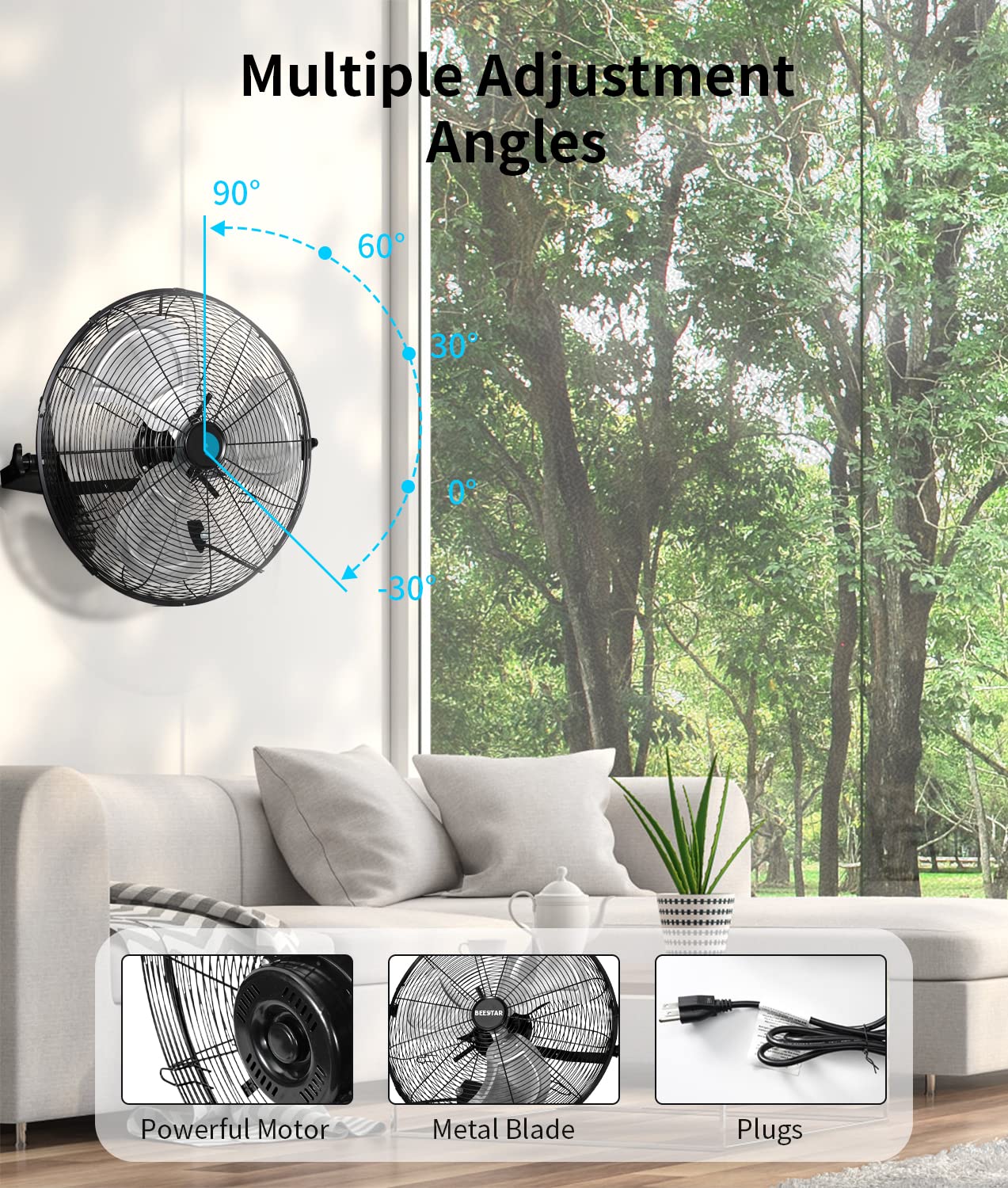 BEESTAR 18 inch High Velocity Wall Mount Fan,Industrial Fan with 3 Speed Commercial Ventilation,Easy Operation and 270 Degree Tilting,Metal Fan for Warehouse,Greenhouse, Workshop and Basement