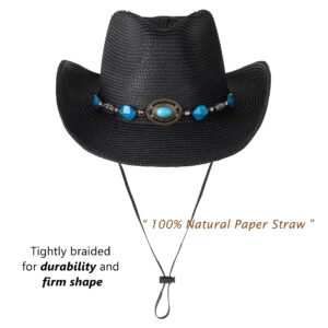 Lisianthus Straw Cowboy Hat for Women & Men Western Cowgirl Hat with Wide Brim Blue Bead-Black