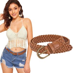 whippy women braided belt skinny casual soft faux leather woven belt for jeans pants,brown,s