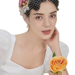 BABEYOND 1920s Fascinator Mesh Flower Pearl Veil Headband Bridal Wedding Tea Party Fascinator Veil for Women