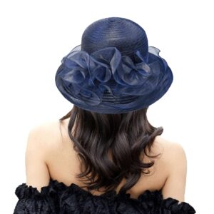 Organza Kentucky Fascinator Hat for Women - Derby Cocktail Tea Party Sun Hat Wedding Bridal Flower Church Hat Packable Dark Navy