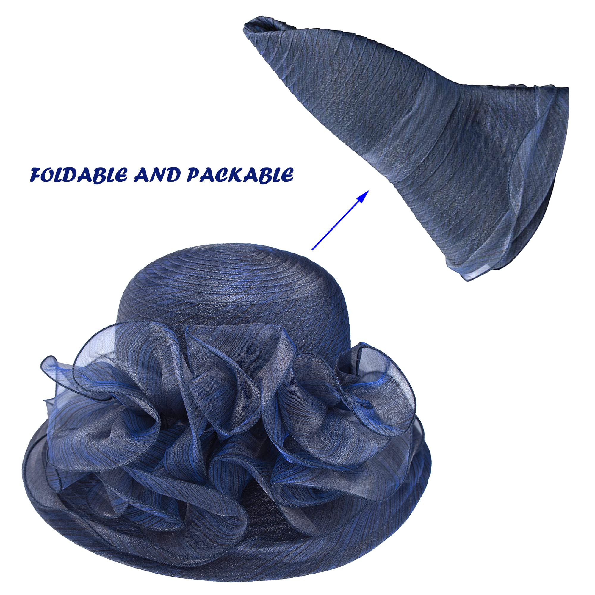 Organza Kentucky Fascinator Hat for Women - Derby Cocktail Tea Party Sun Hat Wedding Bridal Flower Church Hat Packable Dark Navy