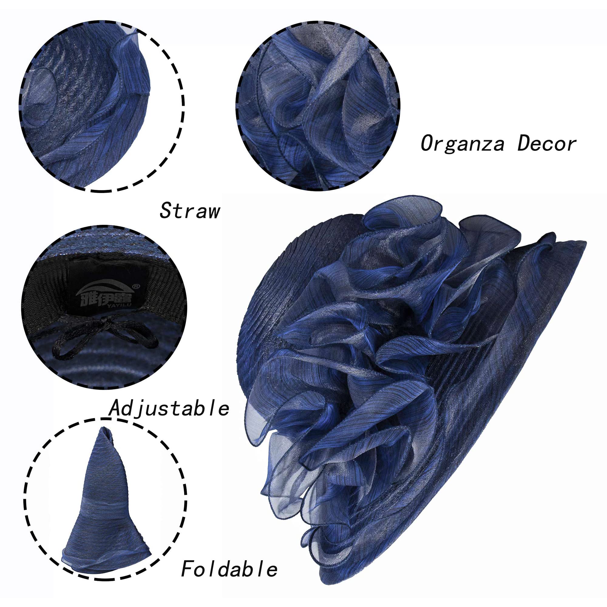 Organza Kentucky Fascinator Hat for Women - Derby Cocktail Tea Party Sun Hat Wedding Bridal Flower Church Hat Packable Dark Navy