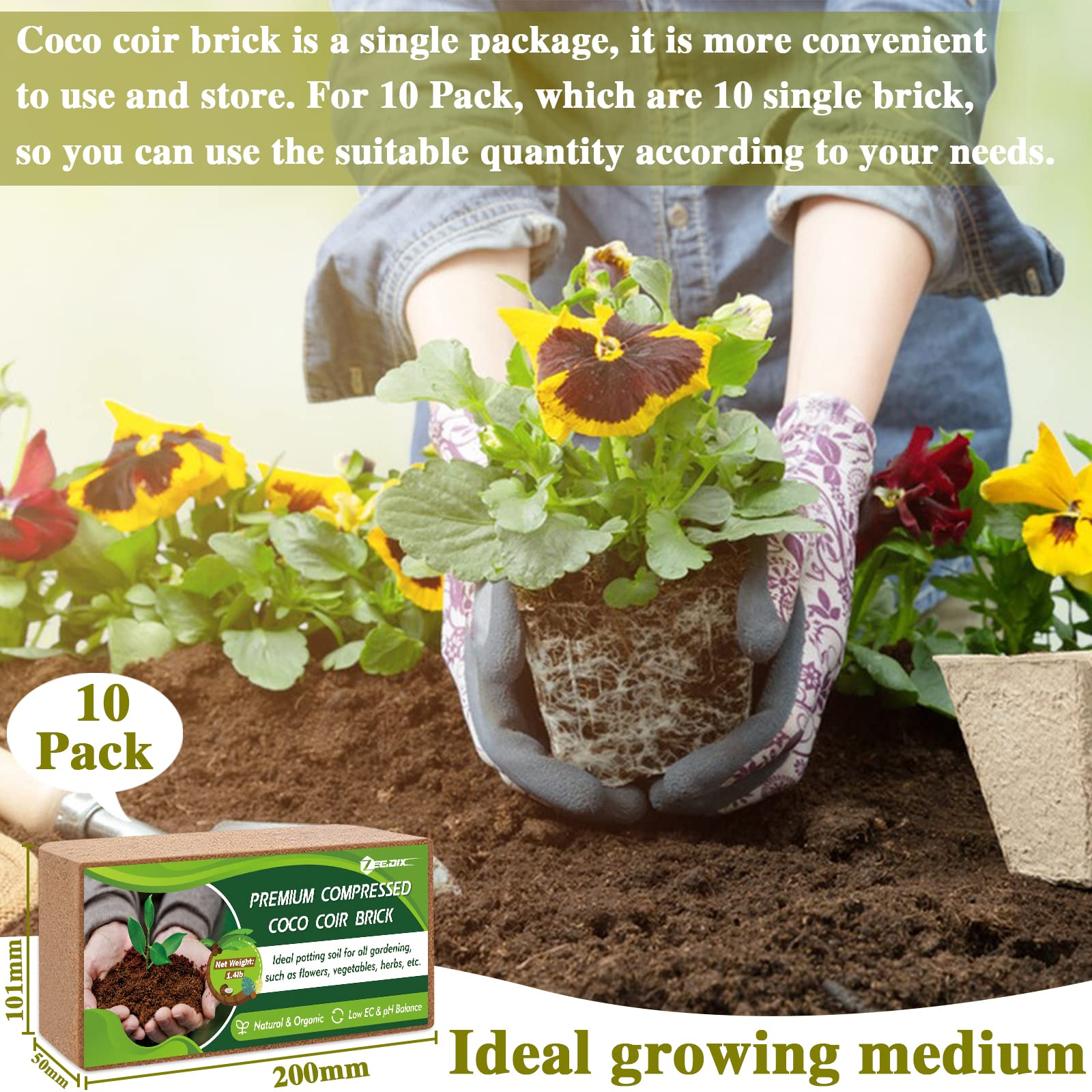 ZeeDix Premium Coco Coir Brick-10 Pack,24Gallons Coconut Coir Potting Soil for Plants,14Lbs Compressed Coco Fiber Starting Soil with Low EC & pH Balance for Gardening Flower Herbs and Vegetables